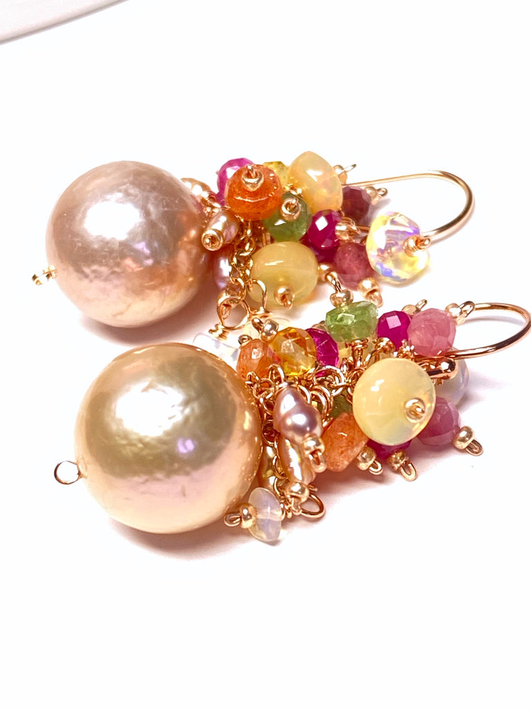 Blush Pearl Multicolor Opal Gemstone Cluster Earrings Rose Gold Fill