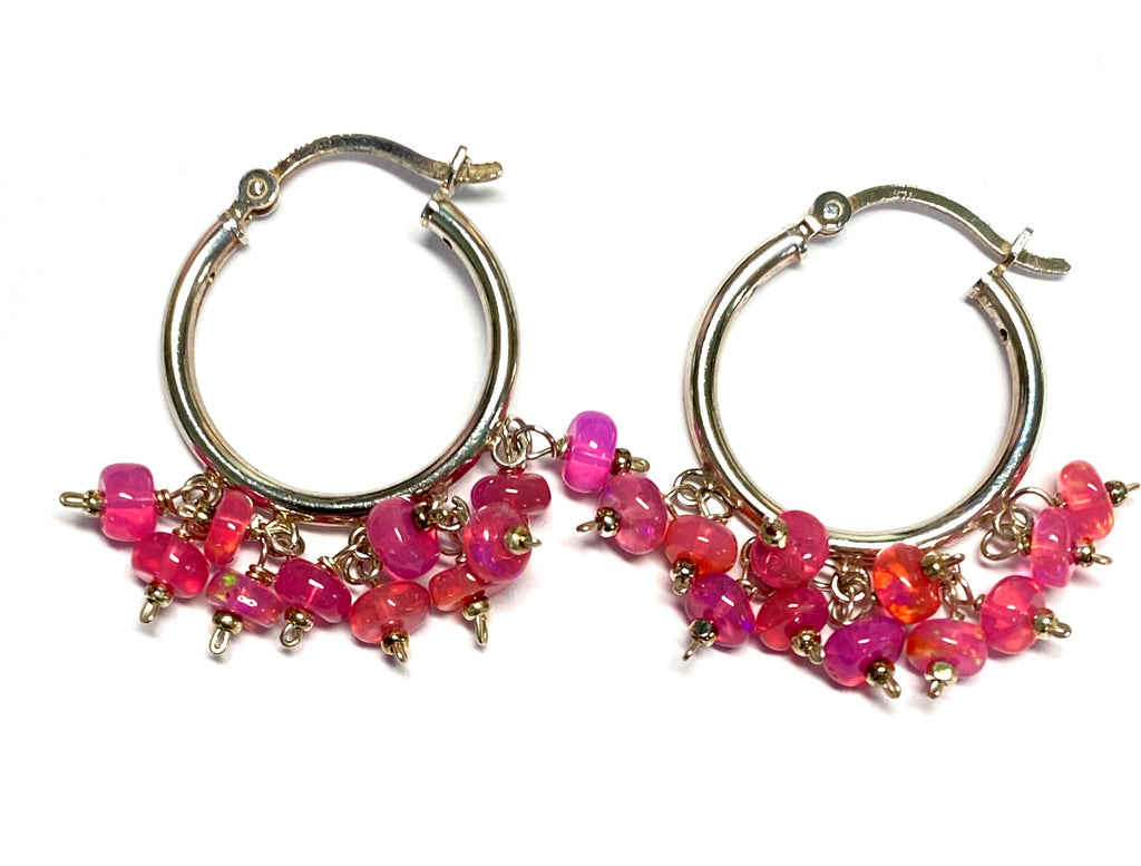 Sterling Silver Hoop Earrings with Hot Pink Ethiopian Opals