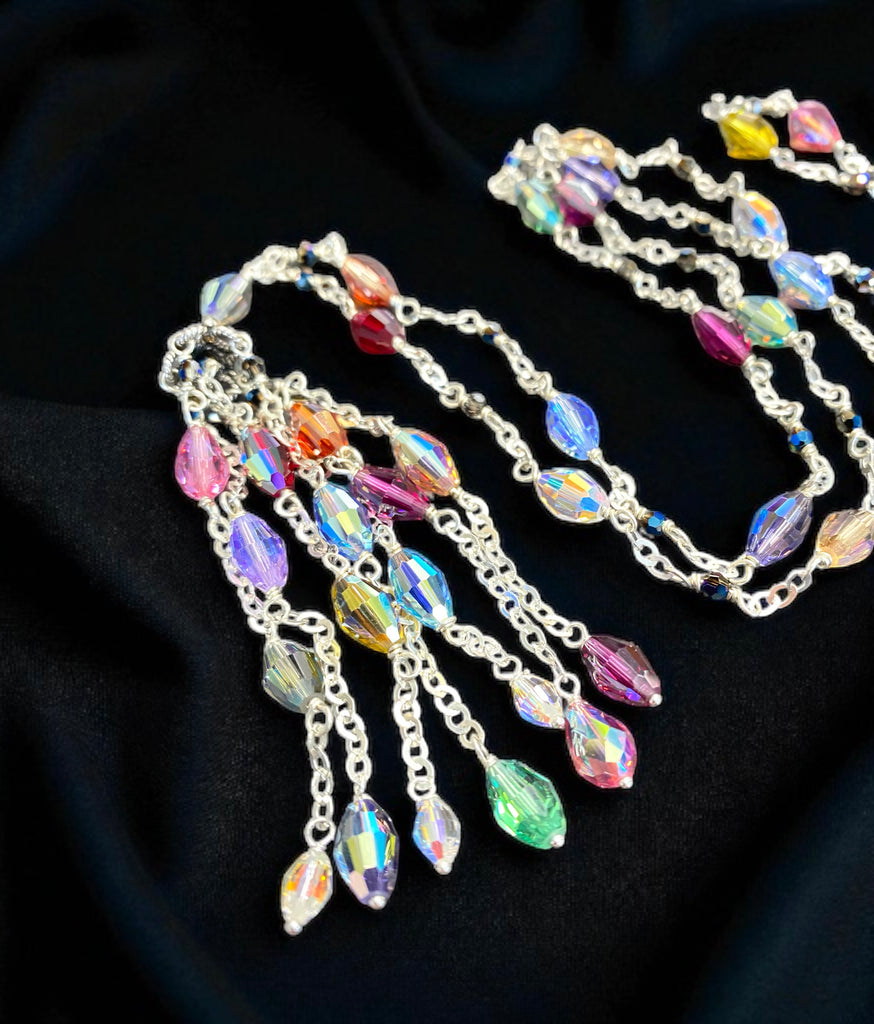 Multicolor Crystal Tassel Necklace Sterling Silver