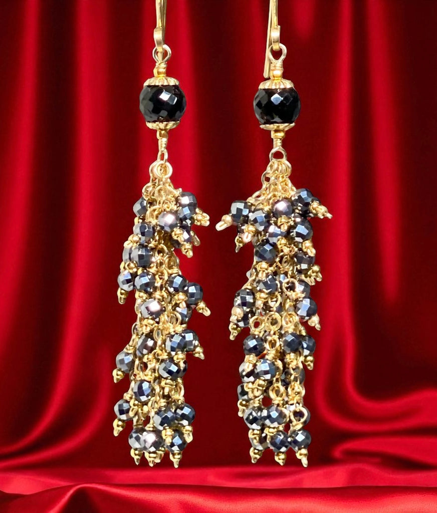 Sparkly Long Black Tassel Earrings Gold Fill