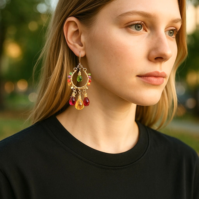 Colorful Gemstone Chandelier Earrings:  Peridot, Citrine, Fuchsia Pink Quartz, Gold Fill