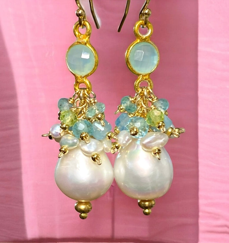 Pearl Cluster Earrings with Peridot, Aquamarine, Apatite in Gold