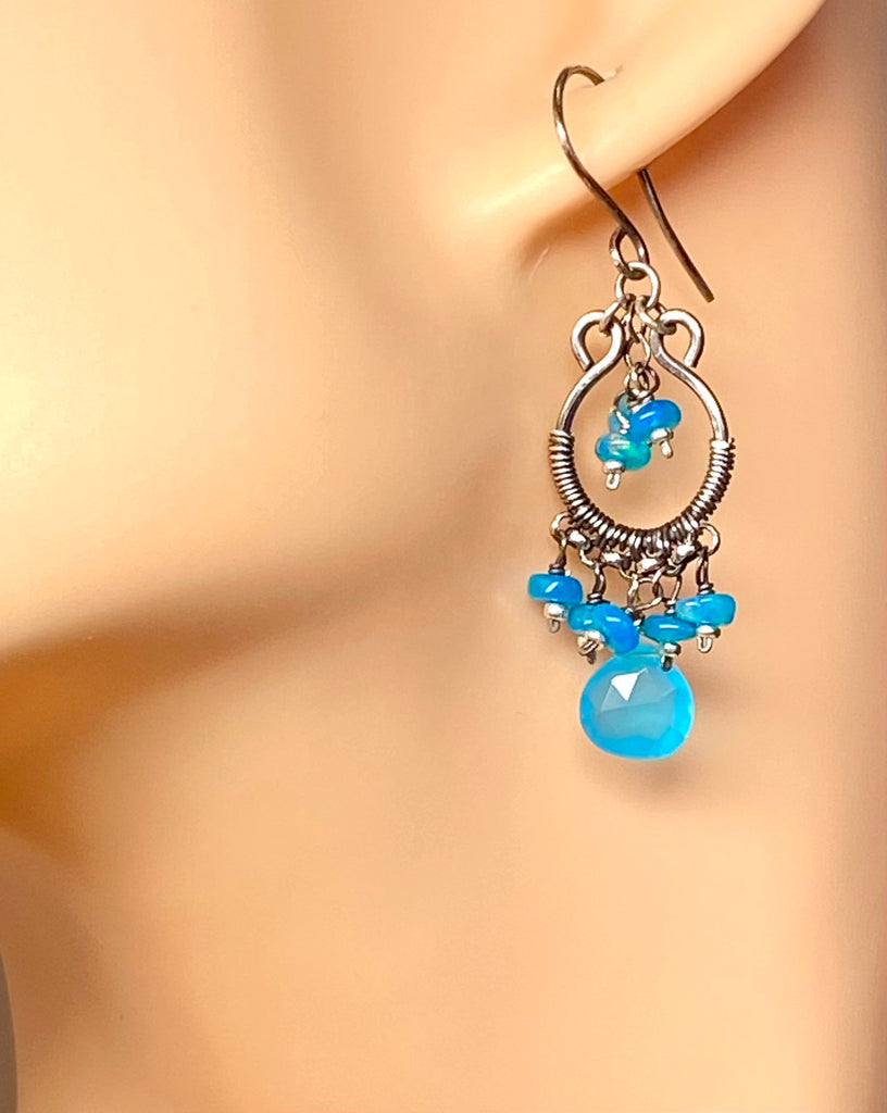 Blue Chalcedony, Opal Sterling Silver Chandelier Earrings