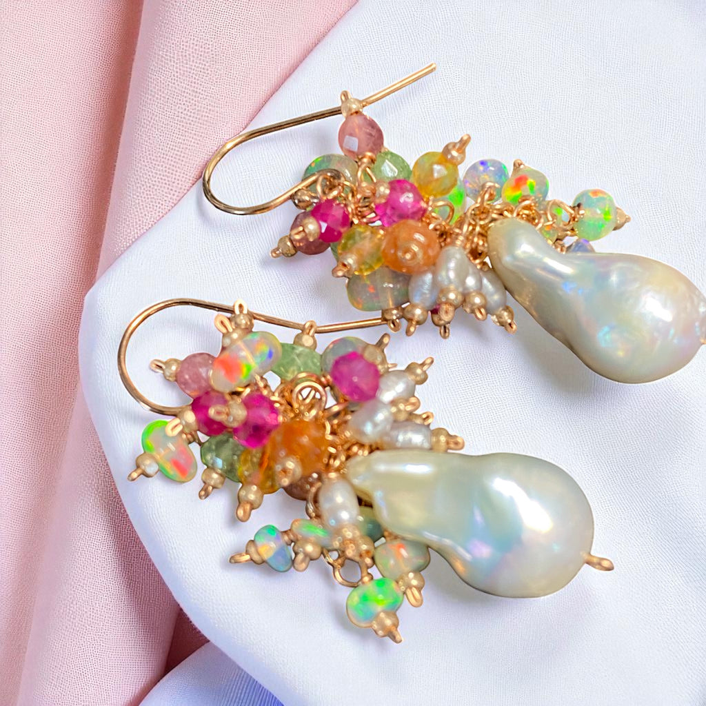 White Flameball Pearl Multicolor Gemstone Cluster Earrings Rose Gold Fill