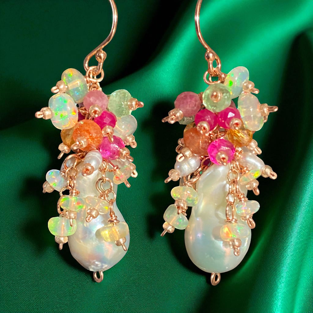 White Flameball Pearl Multicolor Gemstone Cluster Earrings Rose Gold Fill