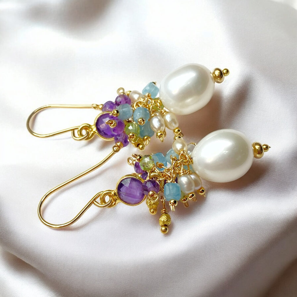 Pearl Cluster Earrings with Peridot, Aquamarine, Amethyst in Gold