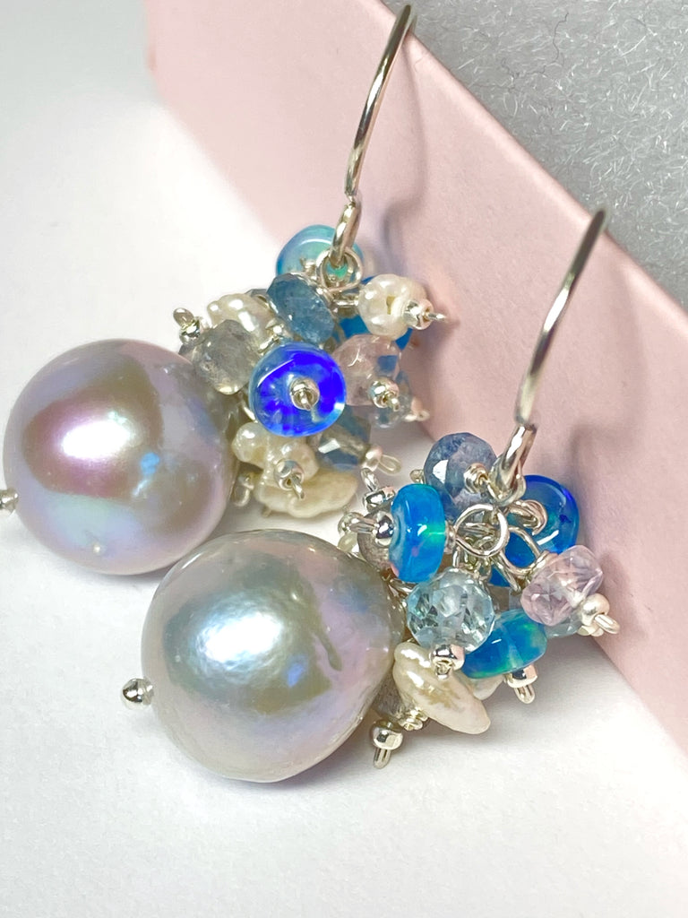 Silver Pearl Cluster Earrings with Blue Opal, Keishi Pearls, Aquamarine in Sterling Silver