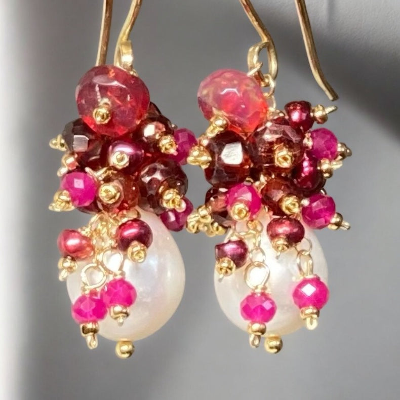 Red, White, Ruby, Opal and Pearl Earring 2