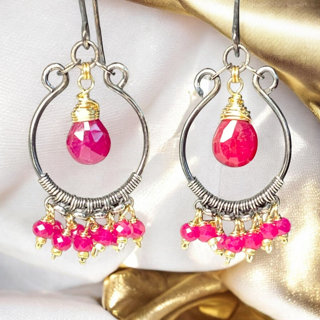 Red Ruby Mixed Metal Chandelier Hoop Earrings