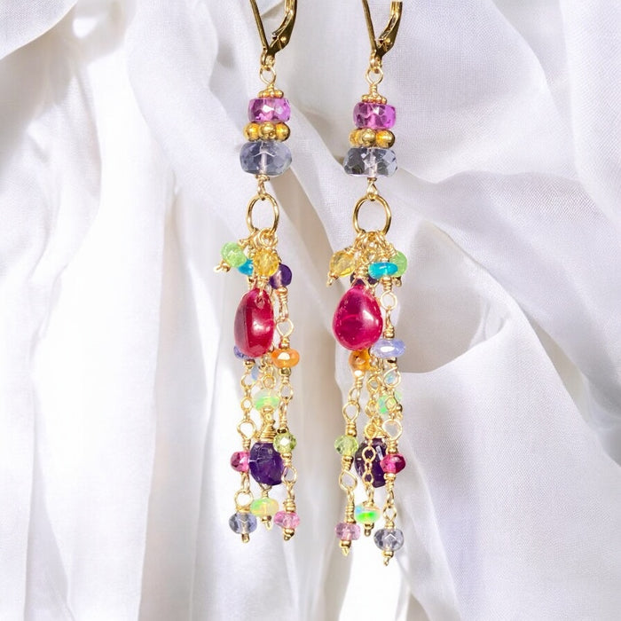 Violet Sapphire, Multi Gemstone Gold Fill Long Dangle Earrings