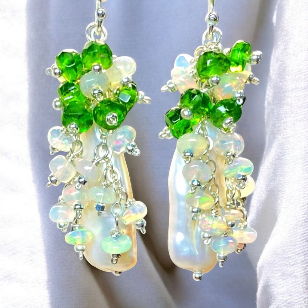 White Biwa Pearl with Chrome Diopside, Opal Clusters, Sterling Silver
