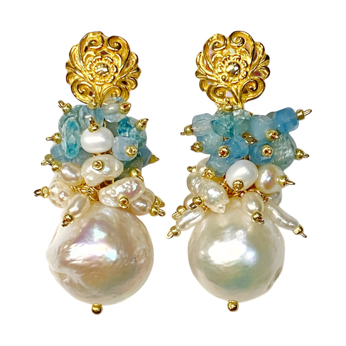 Blue Zircon Pearl Cluster Earrings Gold Post