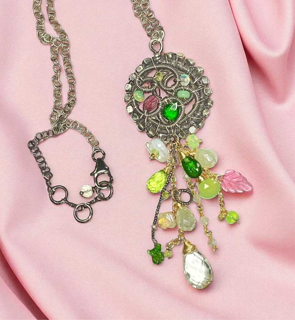 Boho Gemstone Pendant Oxidized Silver Pink Tourmaline, Opal, Green Gems
