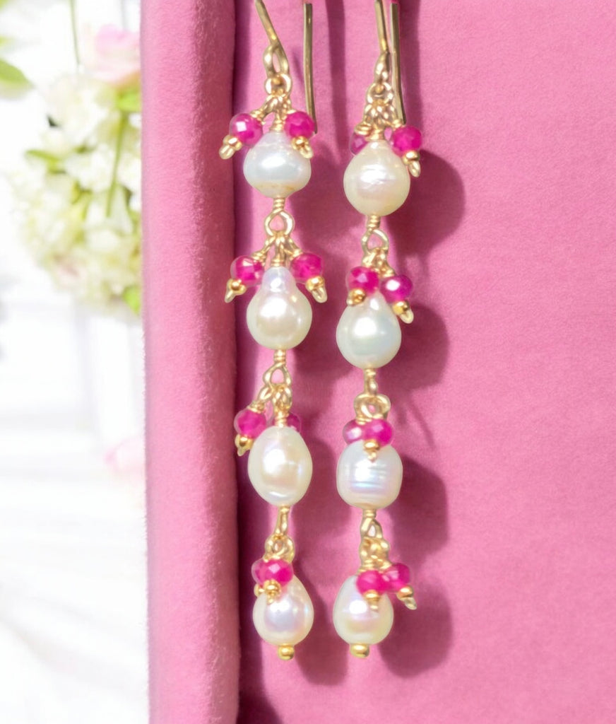 Ruby and Pearl Long Dainty Earrings Gold Fill