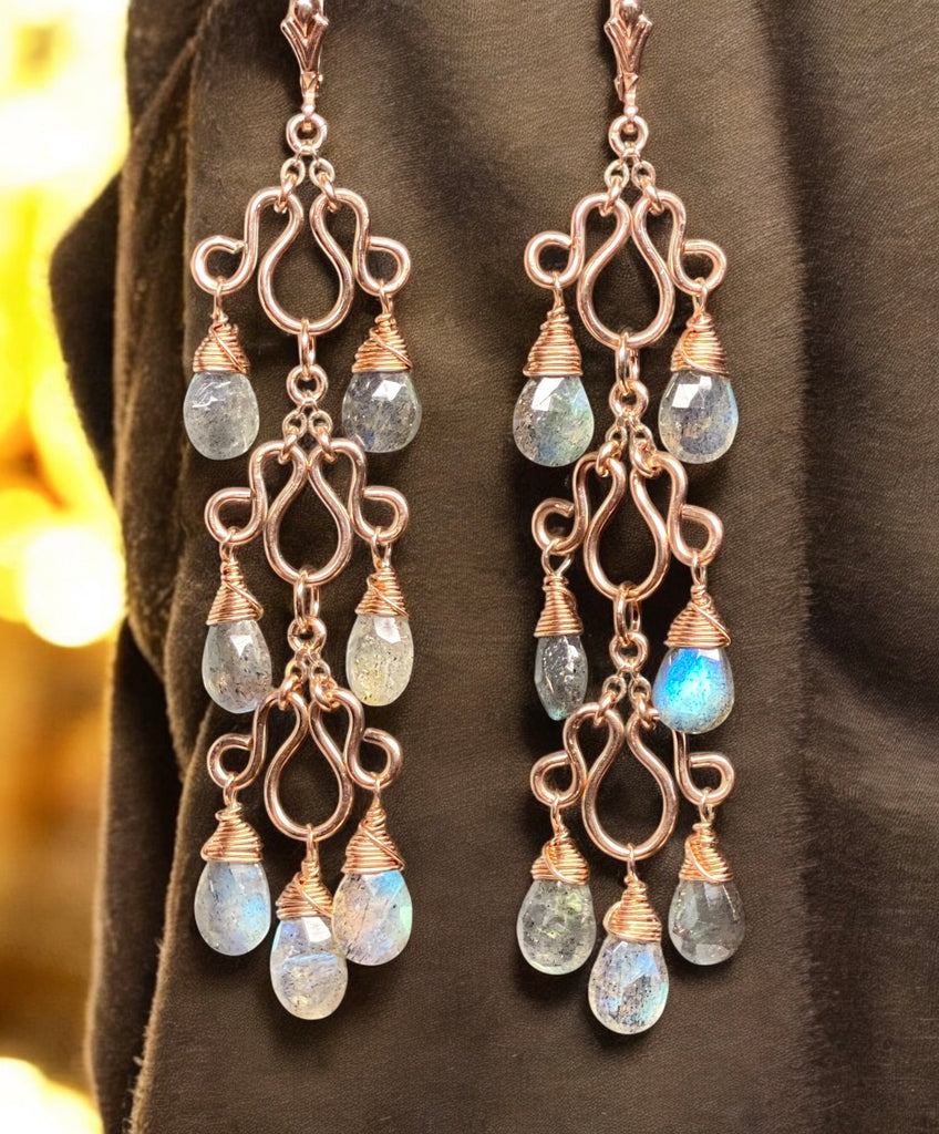 Long Labradorite Chandelier Earrings Rose Gold