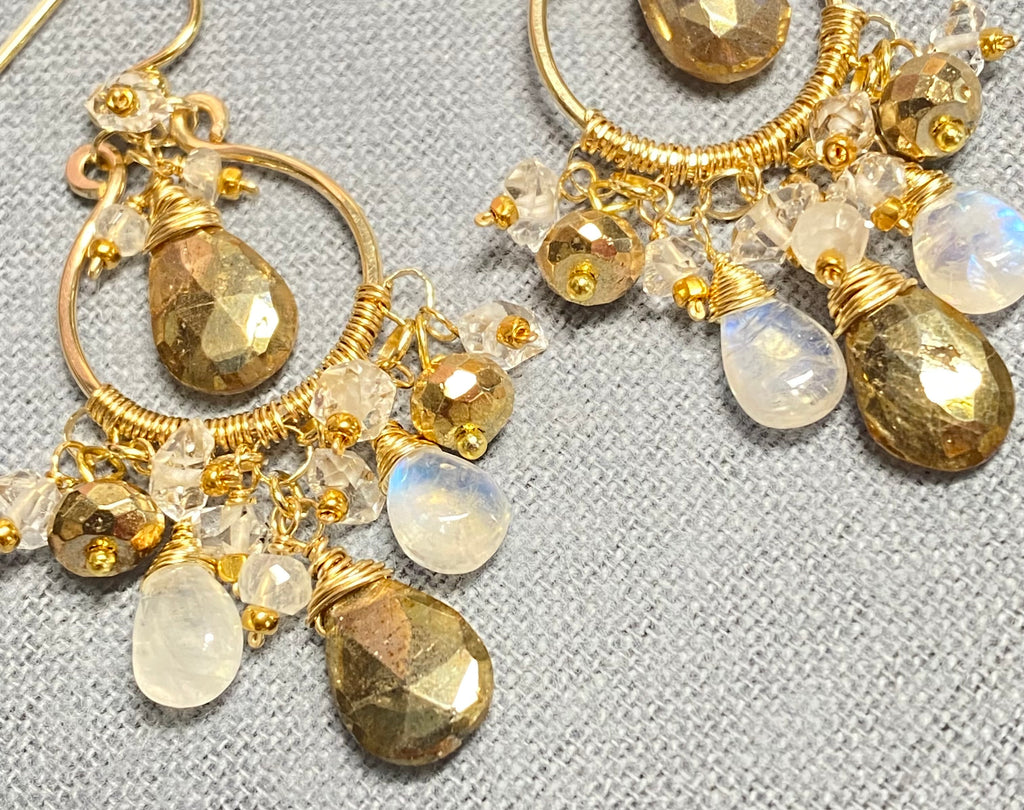 Rainbow Moonstone Gold Labradorite Chandelier Hoop Earrings Gold Fill