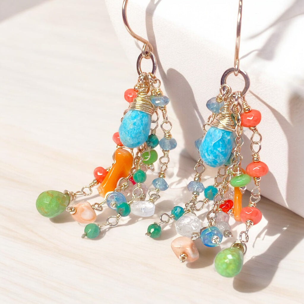 Blue and Green Turquoise Dangle Earrings, Coral, Moonstone, Gemstone 3