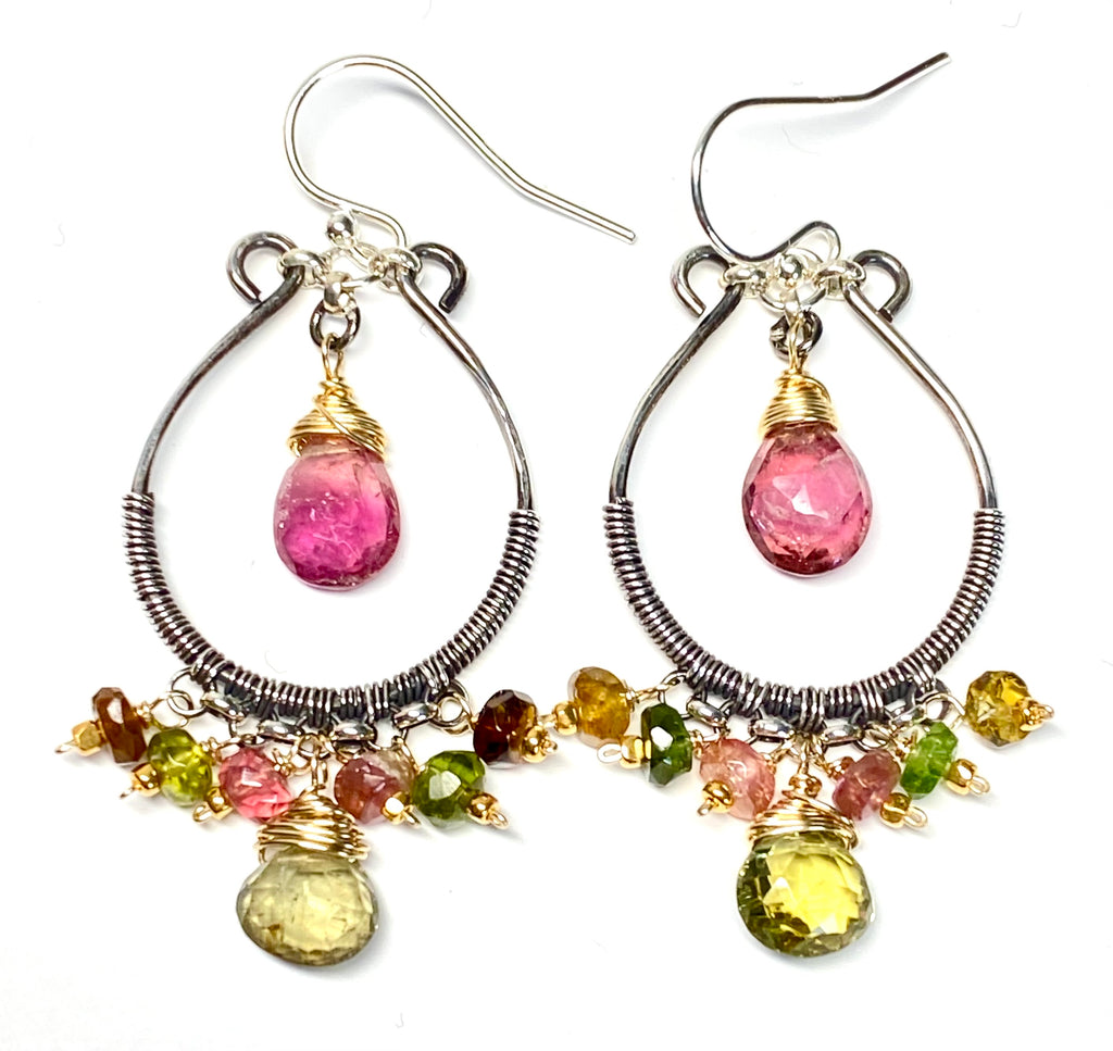 Pink and Green Tourmaline Mixed Metal Hoop Chandelier Earrings