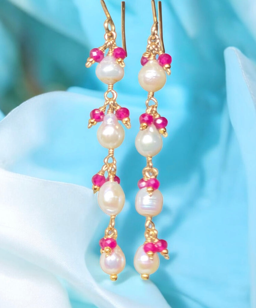 Ruby and Pearl Long Dainty Earrings Gold Fill