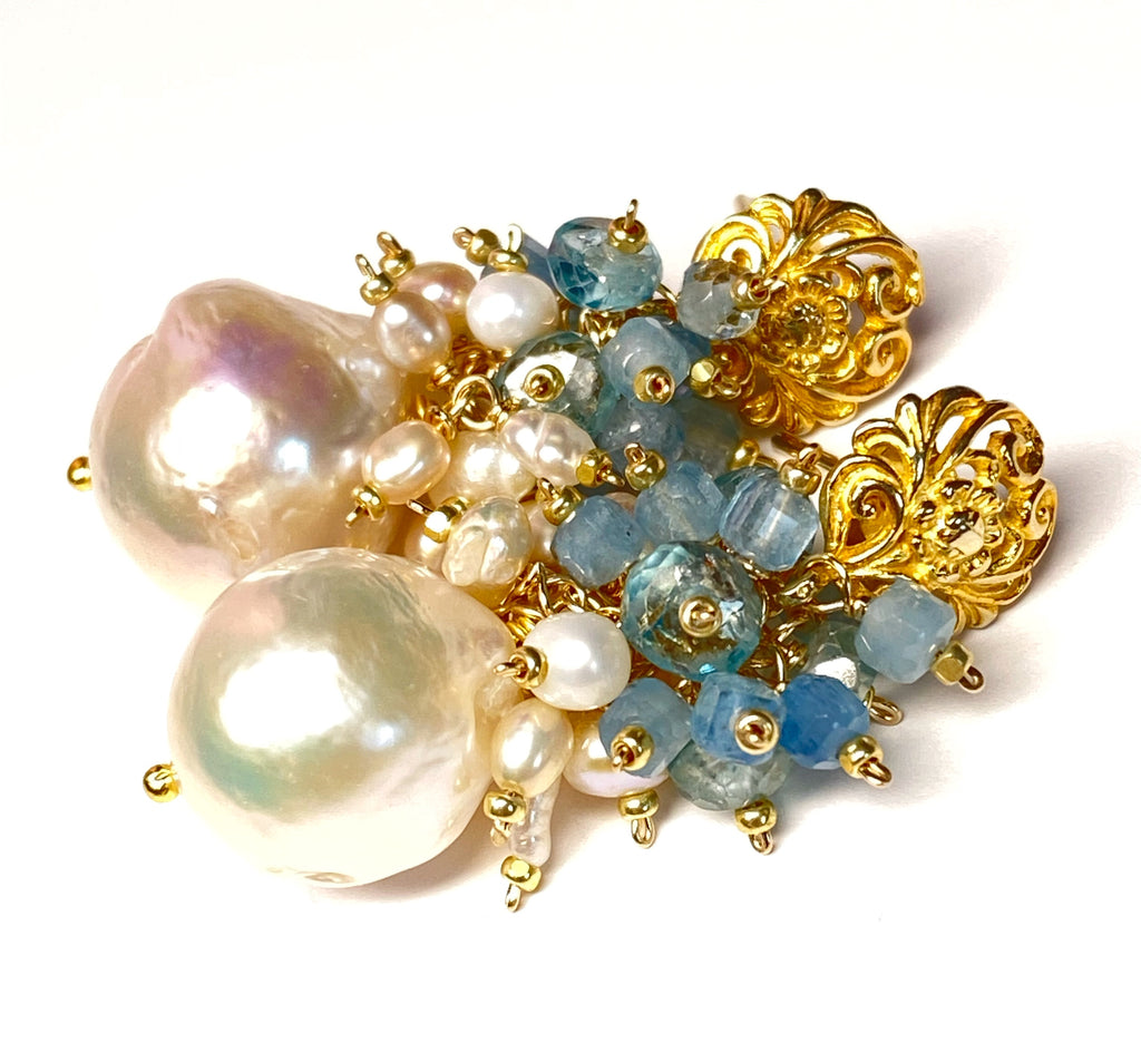 Blue Zircon Pearl Cluster Earrings Gold Post