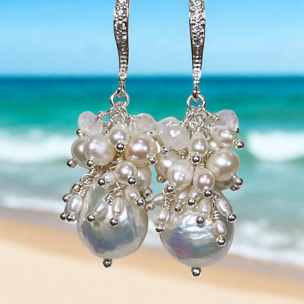 White Edison Pearl Cluster Earrings with Moonstone in Sterling Silver