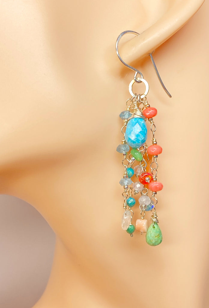 Blue and Green Turquoise Dangle Earrings, Coral, Moonstone, Gemstone 3