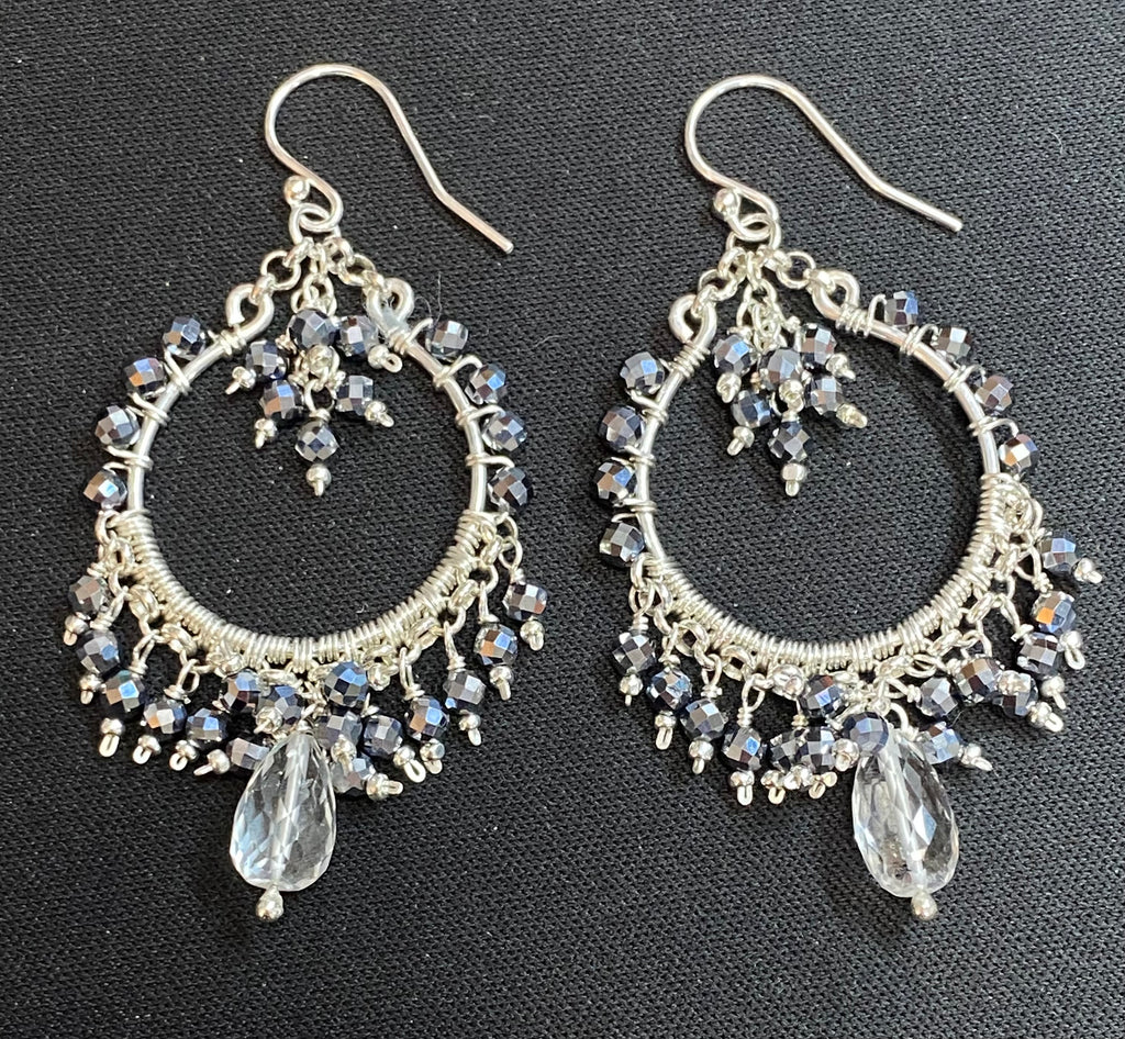 Black Gemstone Chandelier Hoop Earrings Sterling Silver 2