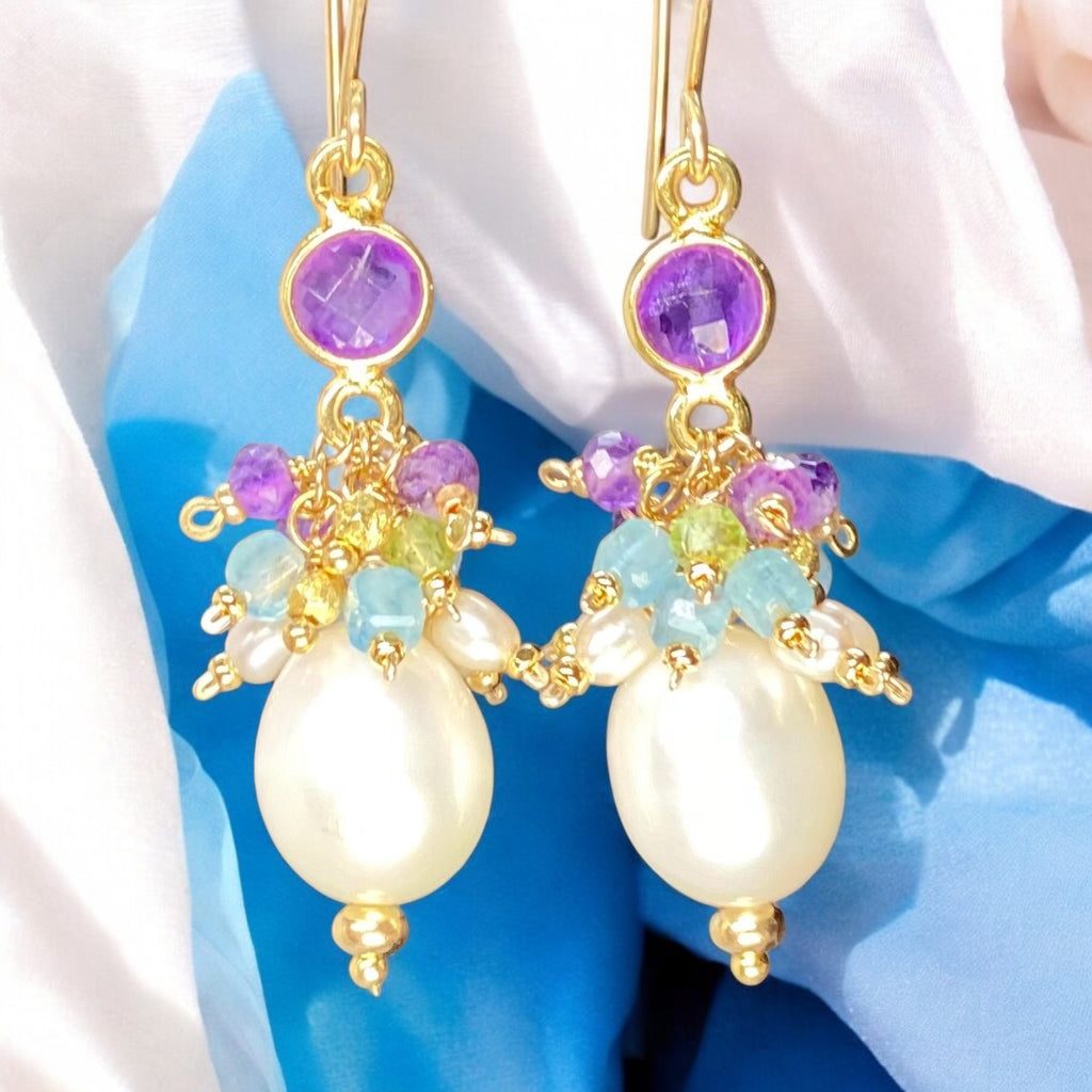 Pearl Cluster Earrings with Peridot, Aquamarine, Amethyst in Gold