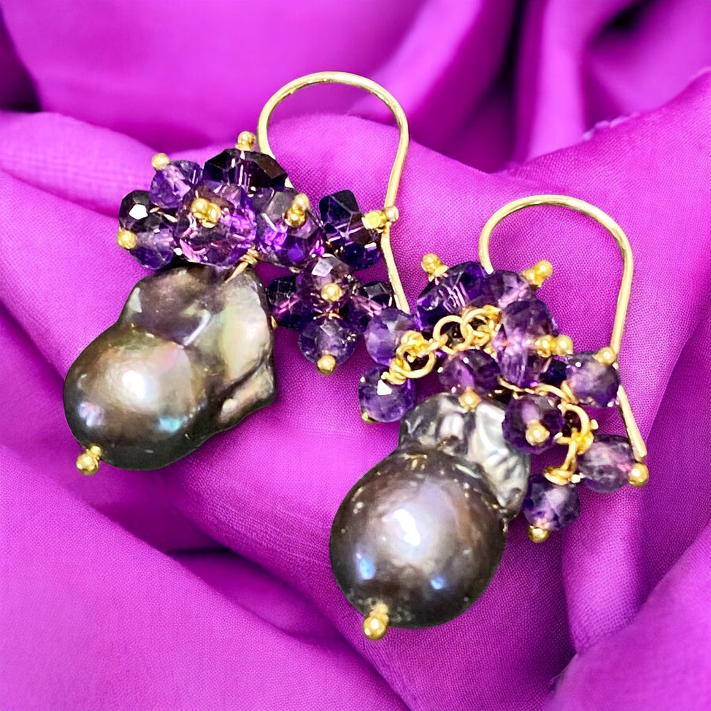 Baroque Peacock Pearl Amethyst Cluster Earrings