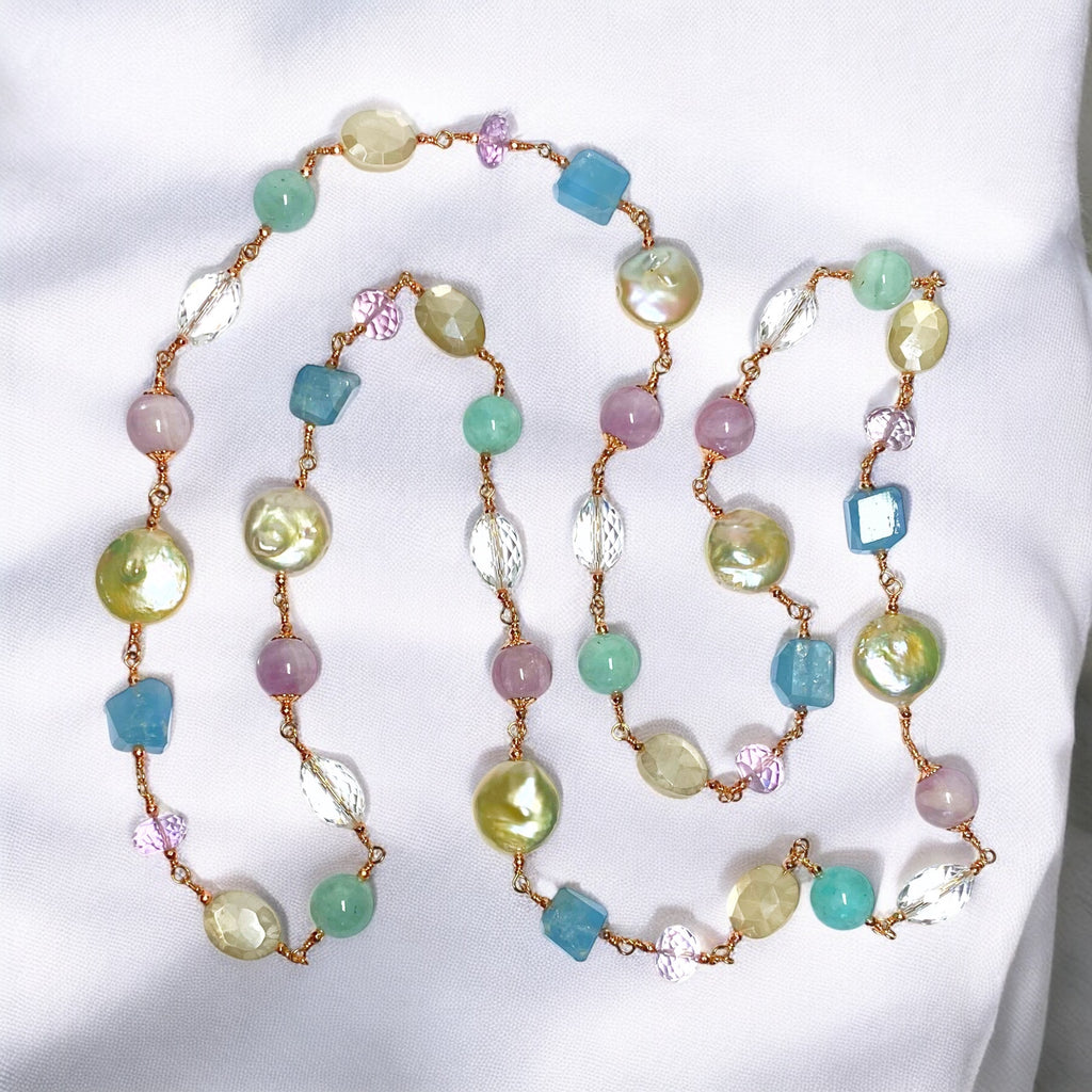 Long Multi Gemstone Pearl Necklace Aquamarine Amethyst Kunzite Rose Gold Fill