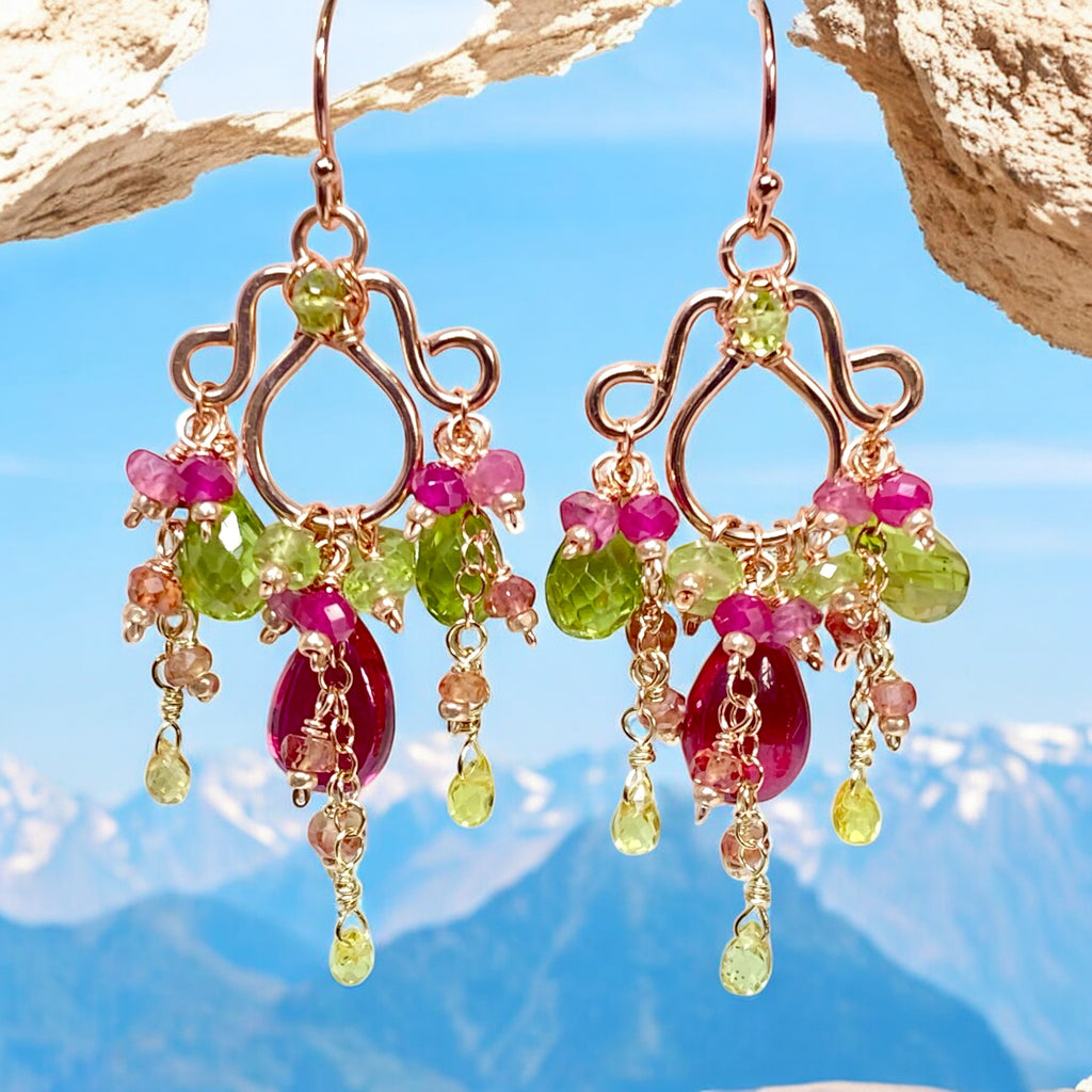 Rubellite and Peridot Rose Gold Chandelier Earrings - Pink and Green