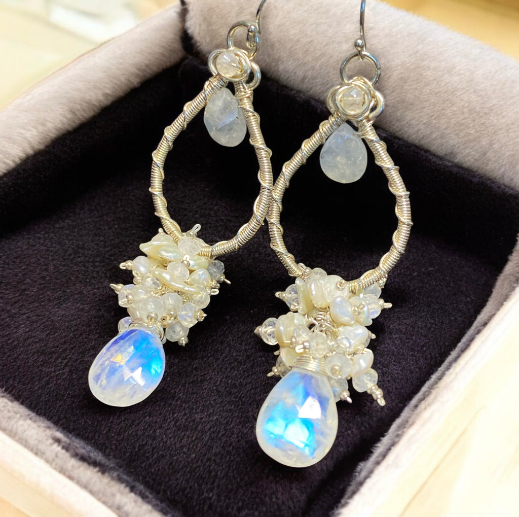 Moonstone Pearl Bridal Earrings Keishi Pearl Crystal Sterling Silver