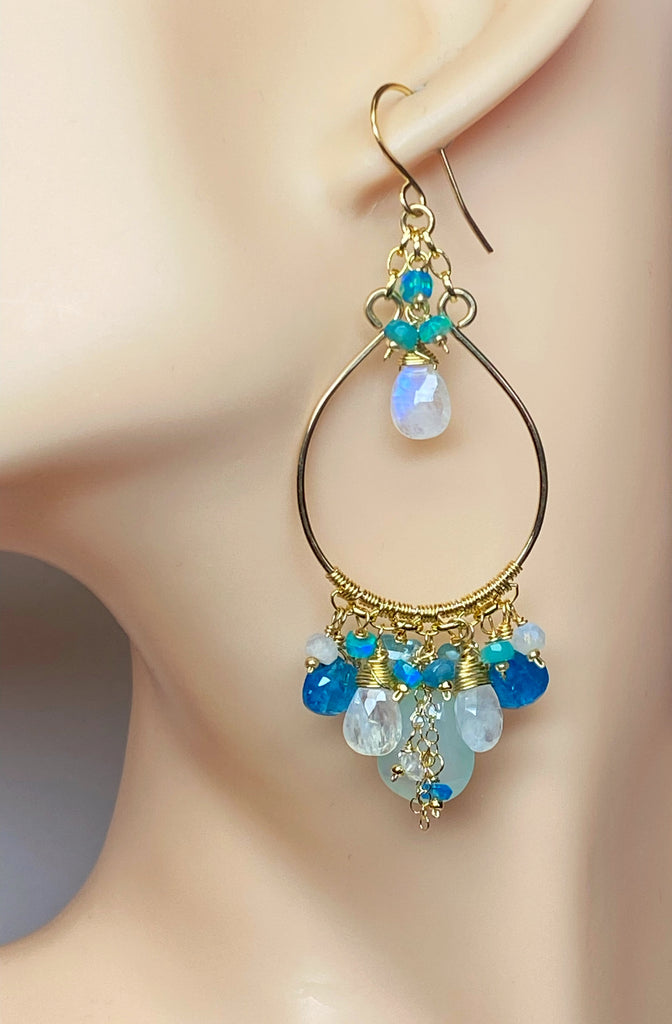 Aqua and Moonstone Statement Hoop Chandelier Earrings Gold