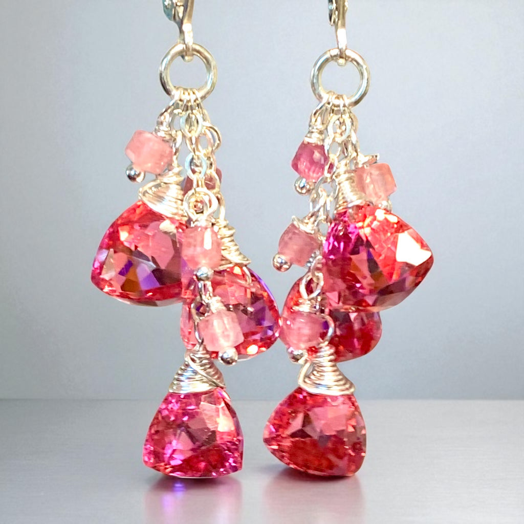 Pink Tourmaline and Quartz Dangle Earrings Sterling Silver