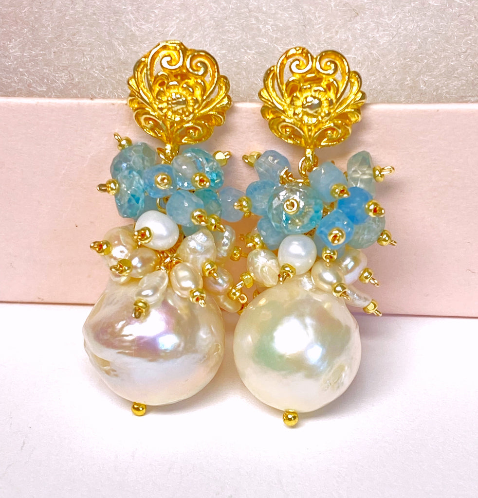 Blue Zircon Pearl Cluster Earrings Gold Post