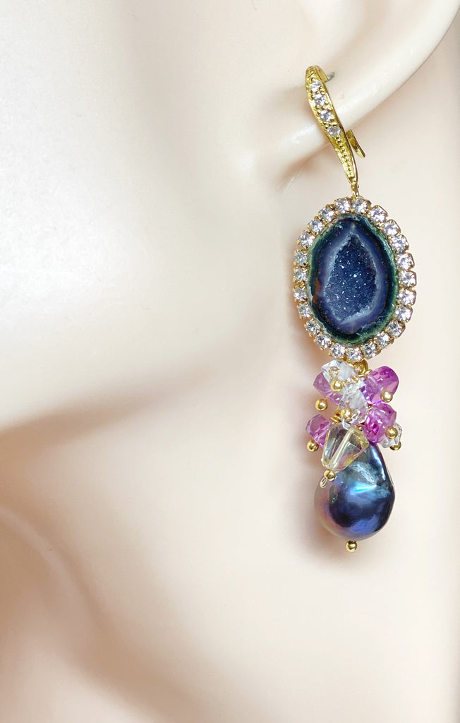 Plum Tabasco Geode and Pearl Dangle Earrings Diamond Look