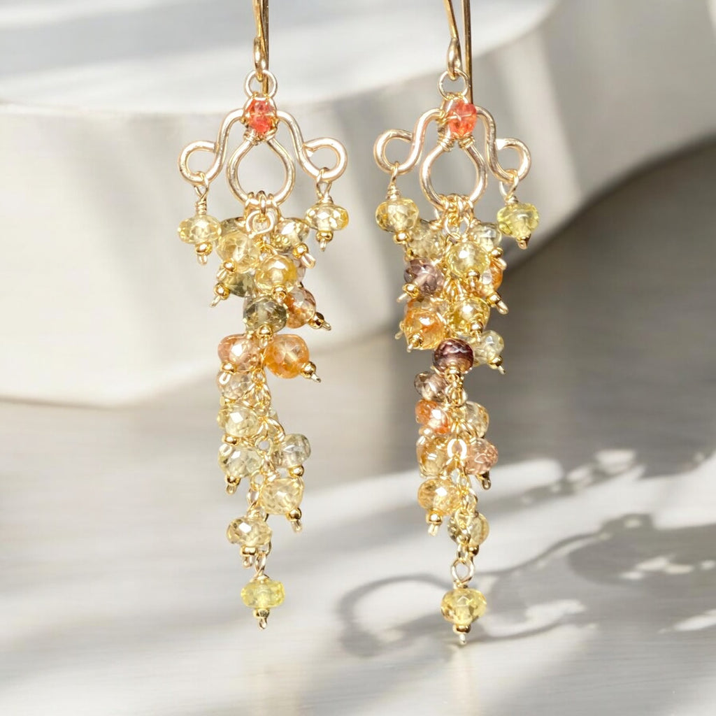 Natural Gemstone Zircon Cluster Dangle Earrings Gold Fill