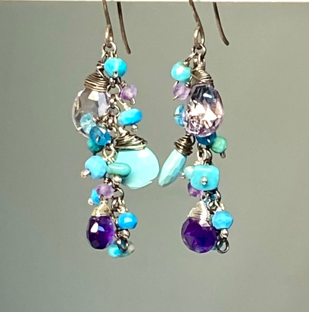 Sleeping Beauty Turquoise Dangle Earrings with Amethyst in Oxidized Sterling Silver