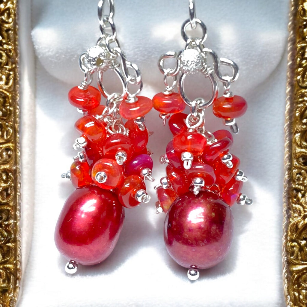 Red Pearl Opal Cluster Earrings in Sterling Silver