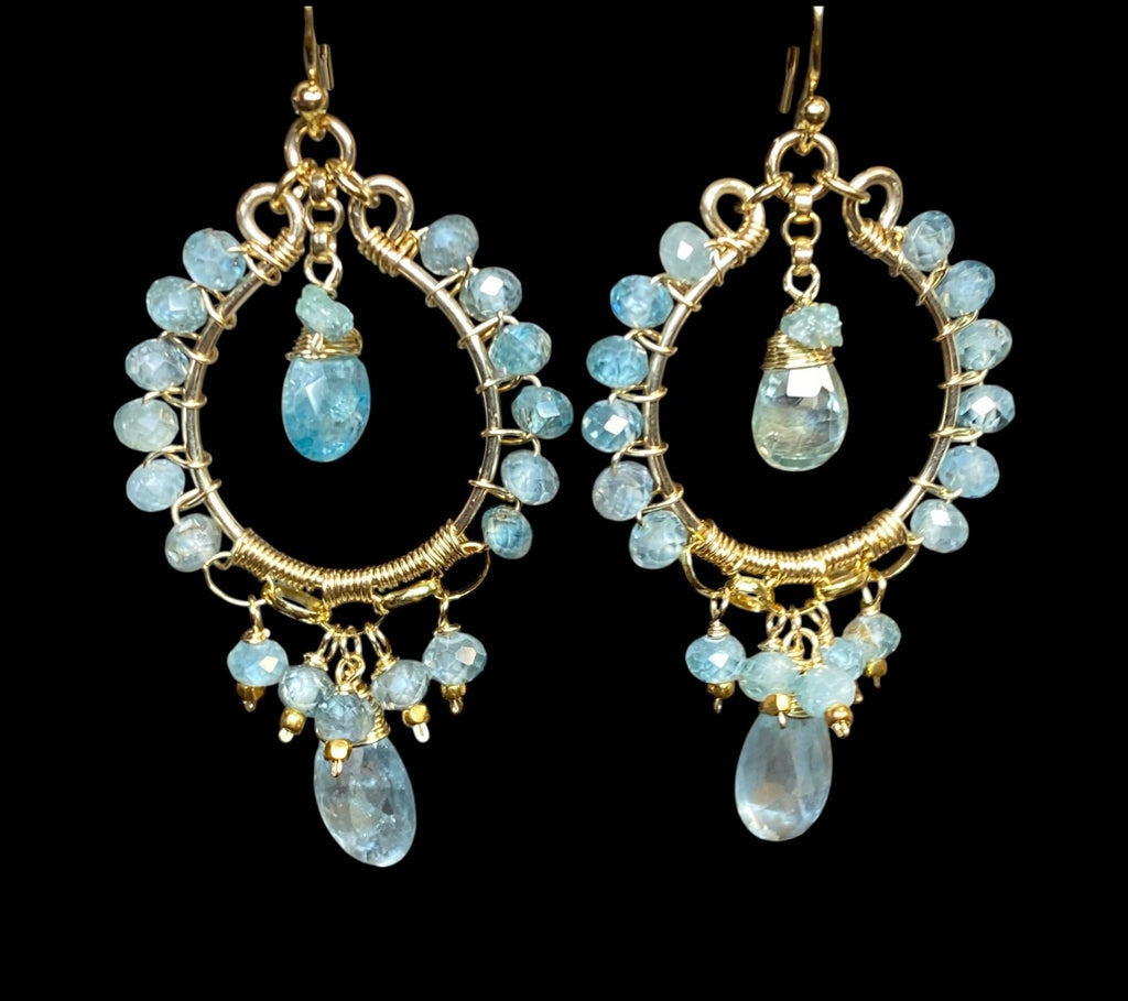 Natural Blue Zircon, Aquamarine Gemstone Chandelier Hoop Earrings Gold Fill