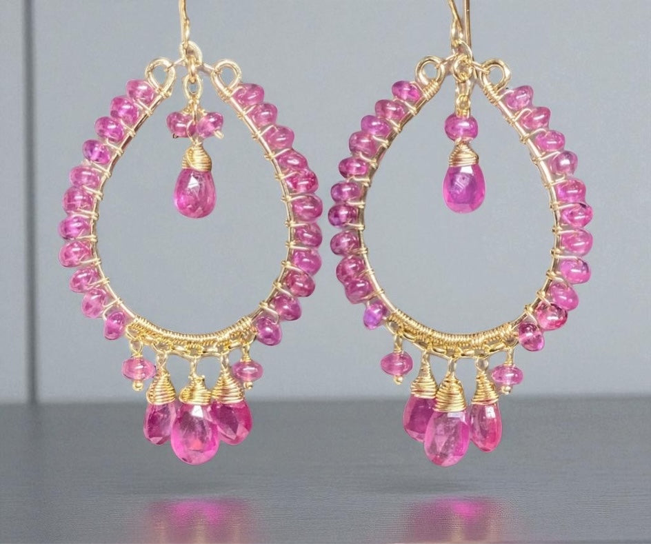 Pink Sapphire Chandelier Hoop Earrings Gold Fill
