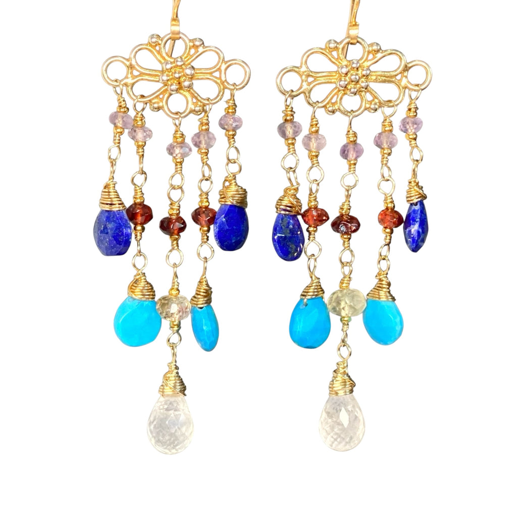 Turquoise, Blue Lapis, Moonstone and Garnet Chandelier Earring - Doolittle
