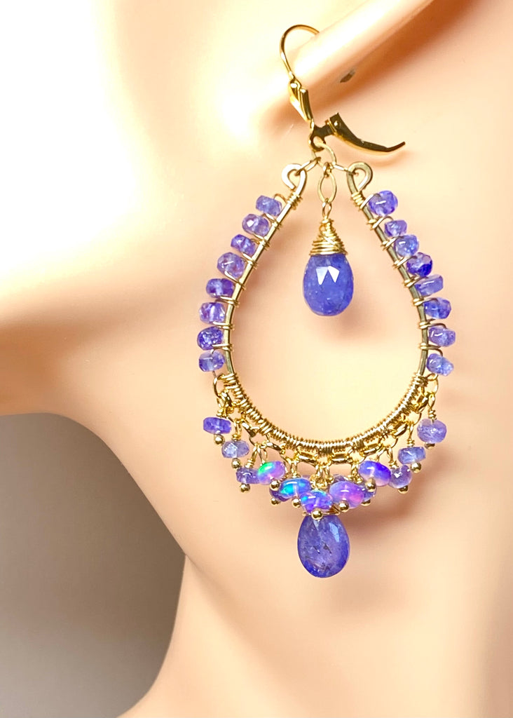 Tanzanite and Opal Hoop Earrings in Gold Fill