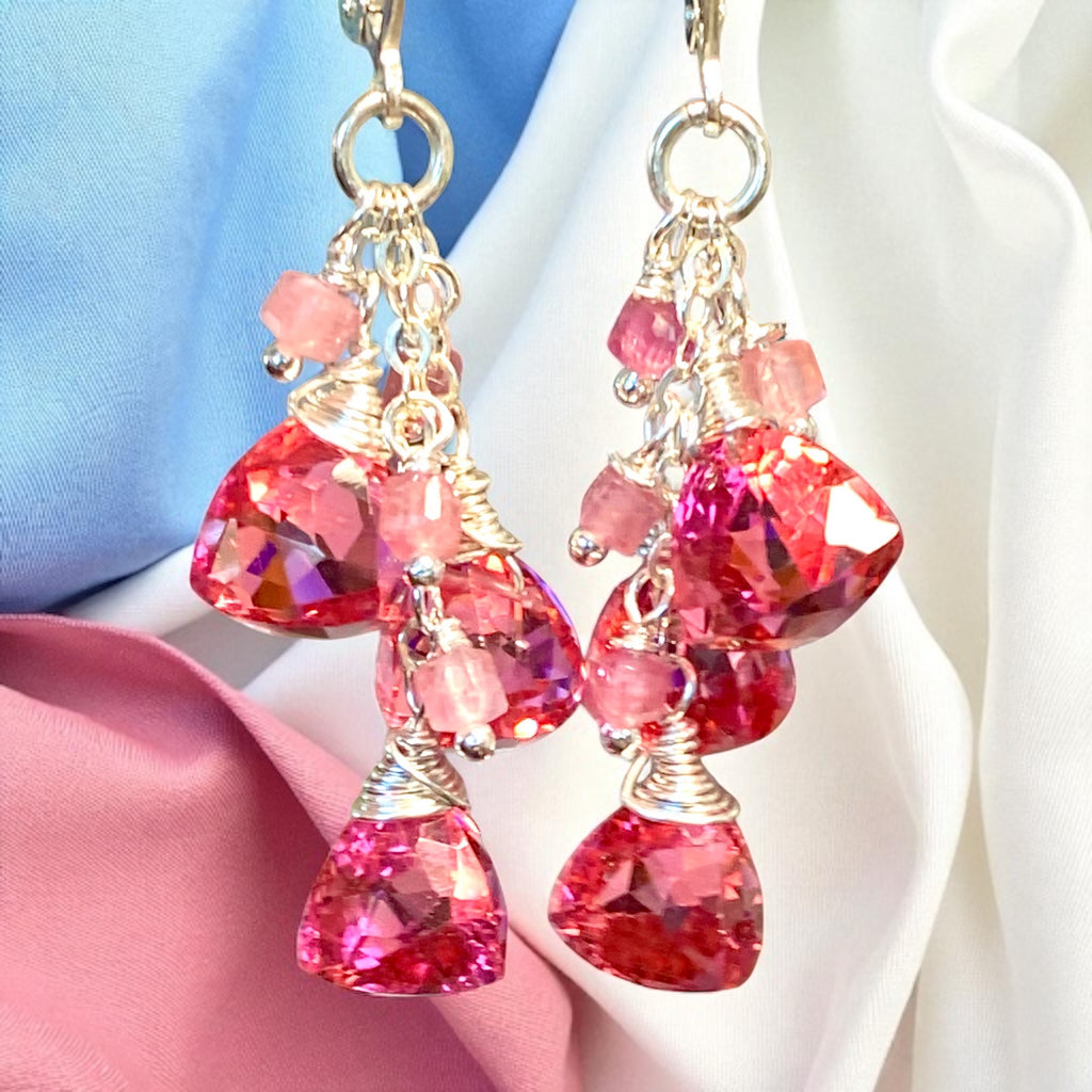 Pink Tourmaline and Quartz Dangle Earrings Sterling Silver
