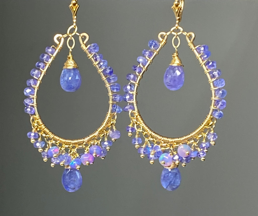 Tanzanite and Opal Hoop Earrings in Gold Fill