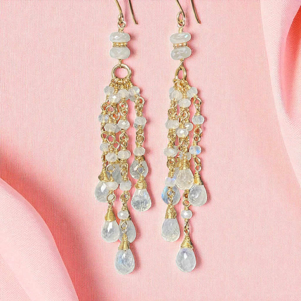 Rainbow Moonstone Tassel Earrings Gold