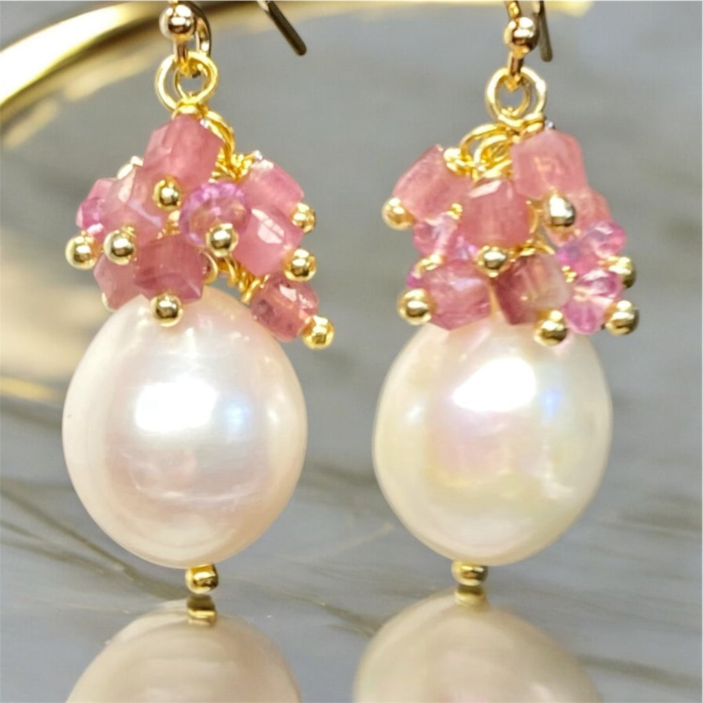 Pearl Cluster Earrings with Pink Tourmaline, Pink Topaz, Gold Fill or Sterling Silver