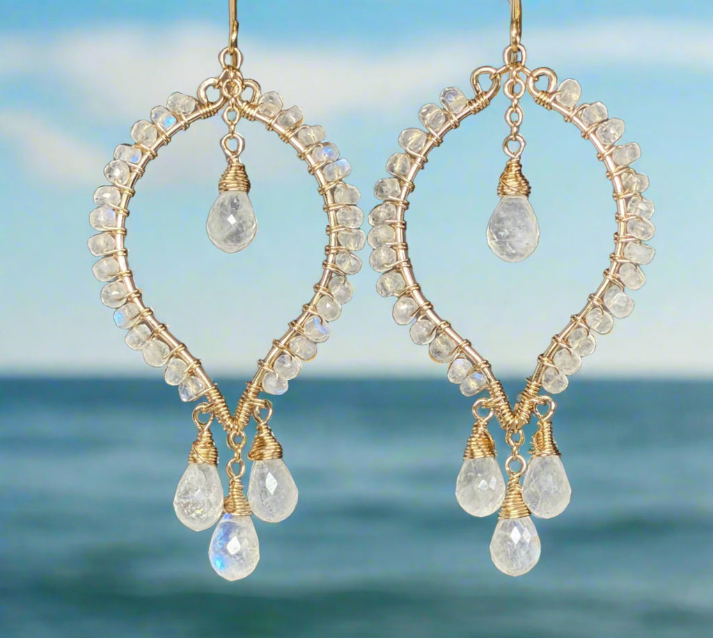 Rainbow Moonstone Statement Chandelier Earrings in 14 kt Gold Fill