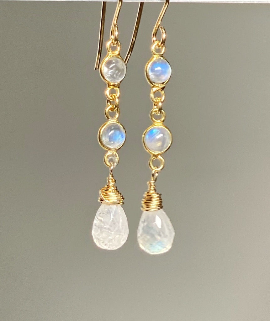 Rainbow Moonstone Double Dangle Earrings Gold Fill