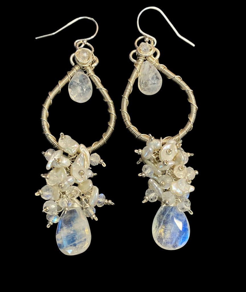Moonstone Pearl Bridal Earrings Keishi Pearl Crystal Sterling Silver